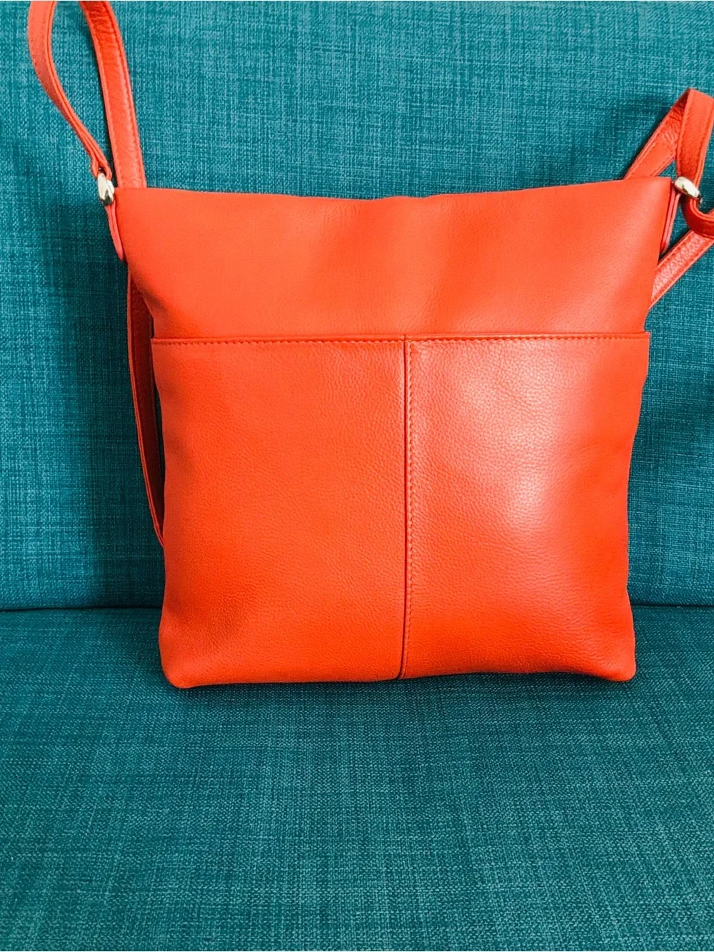 ili New York Double Zip Genuine Leather Organizer Crossbody Bag-Vibrant Orange